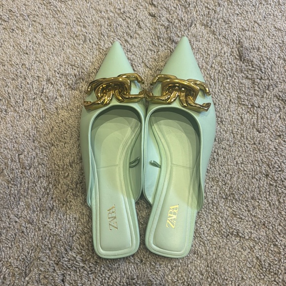Zara mint green golden buckle pointy women’s slides mules flats sandals shoes 39 - Picture 3 of 6